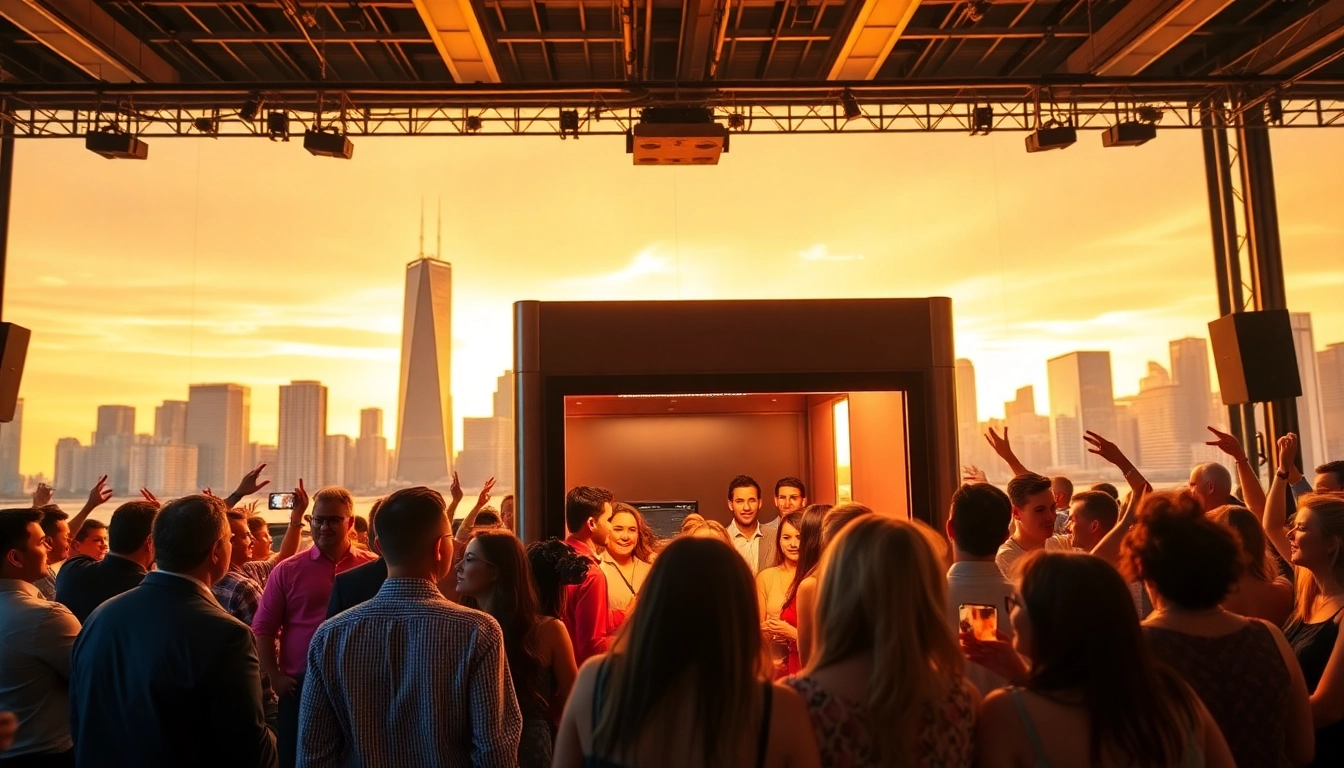 Capture the fun in a photo booth Chicago event featuring joyful guests and city skyline.