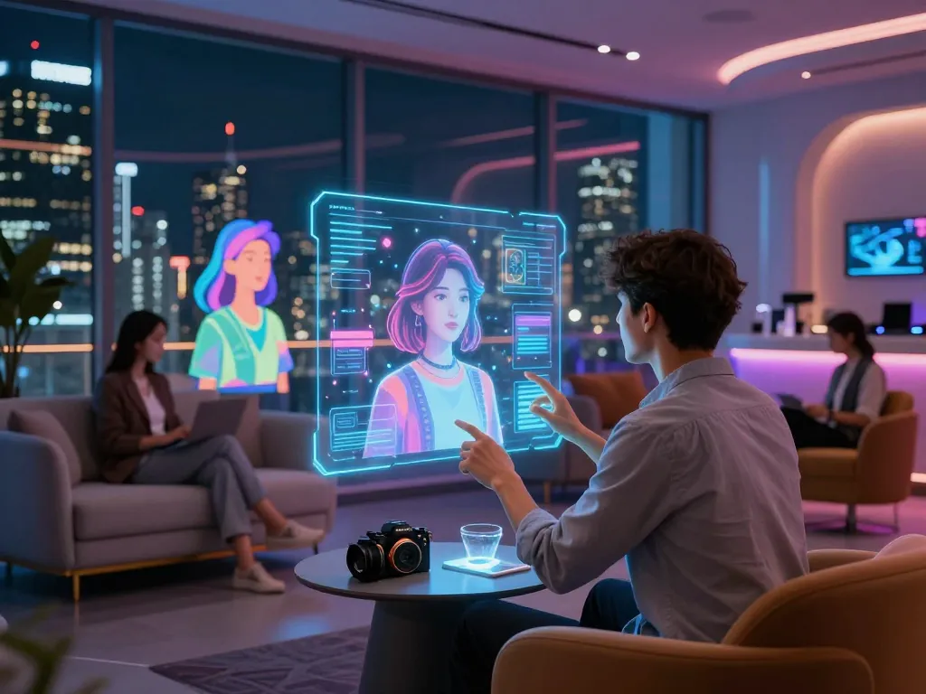 Engaging with an AI girlfriend in a futuristic lounge setting, showcasing digital interaction and holographic visuals.