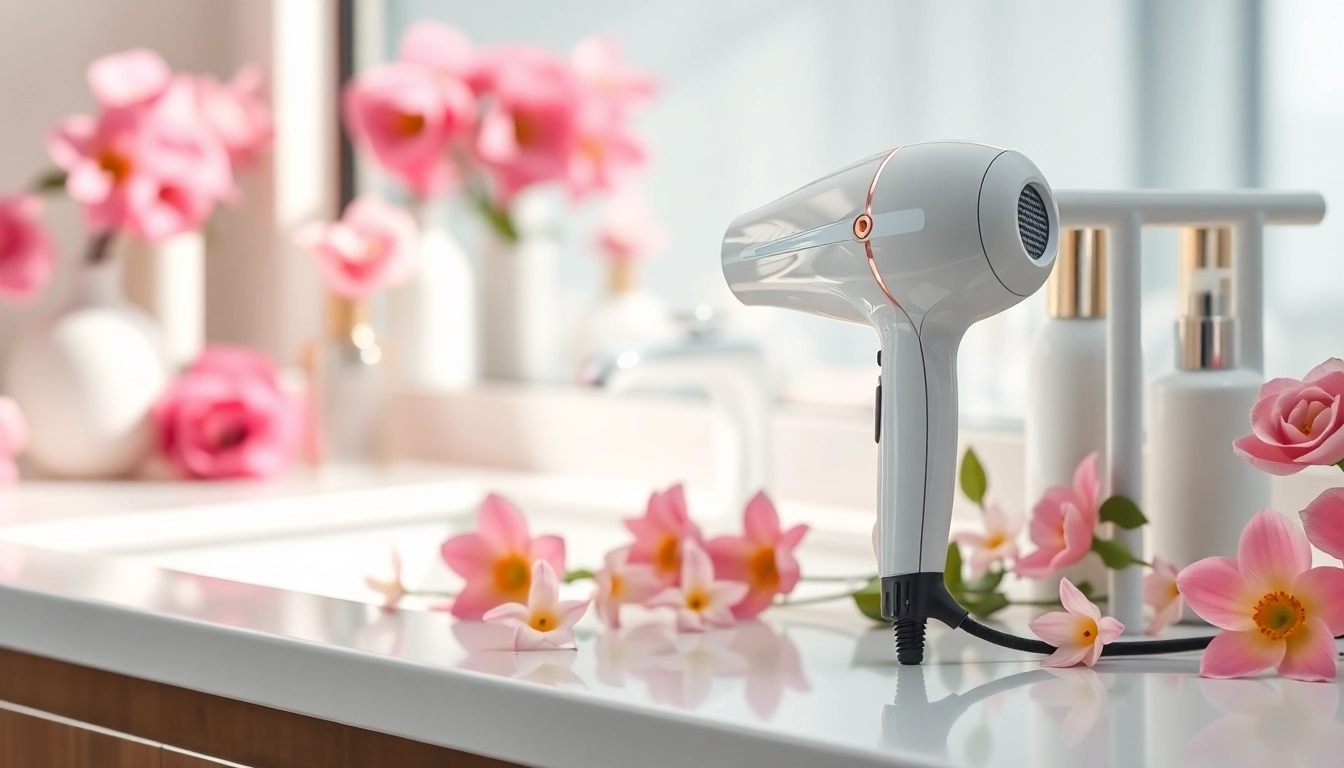 Enhance your look with a hair dryer for frizzy hair, artfully positioned on a bathroom countertop.