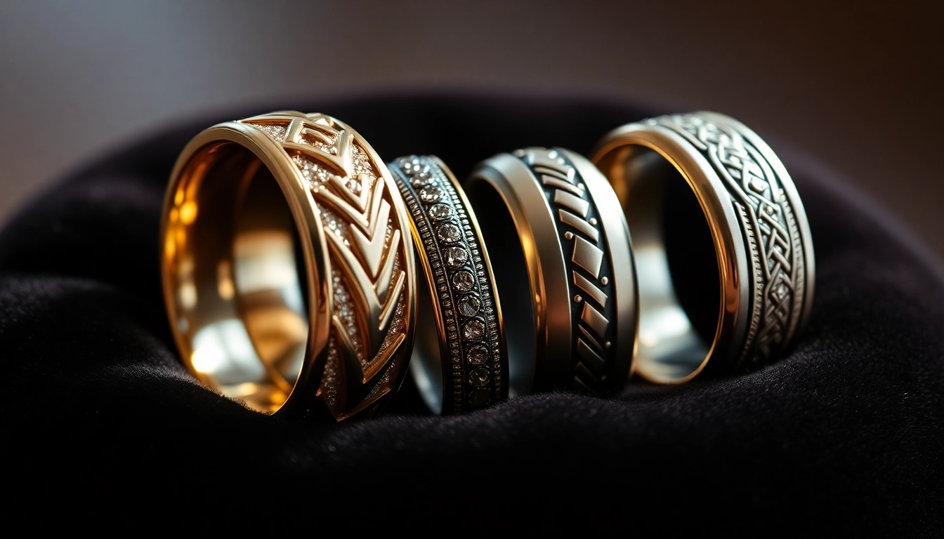 Showcase unique wedding bands for men featuring intricate designs and textures on a plush cushion.