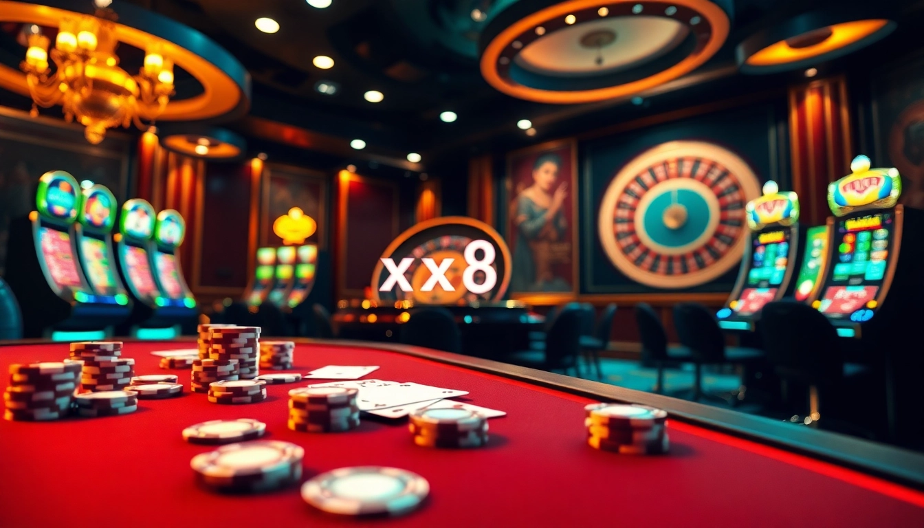 Experience the excitement of online gaming at https://xx88.today/ with luxurious casino tables and vibrant slot machines.