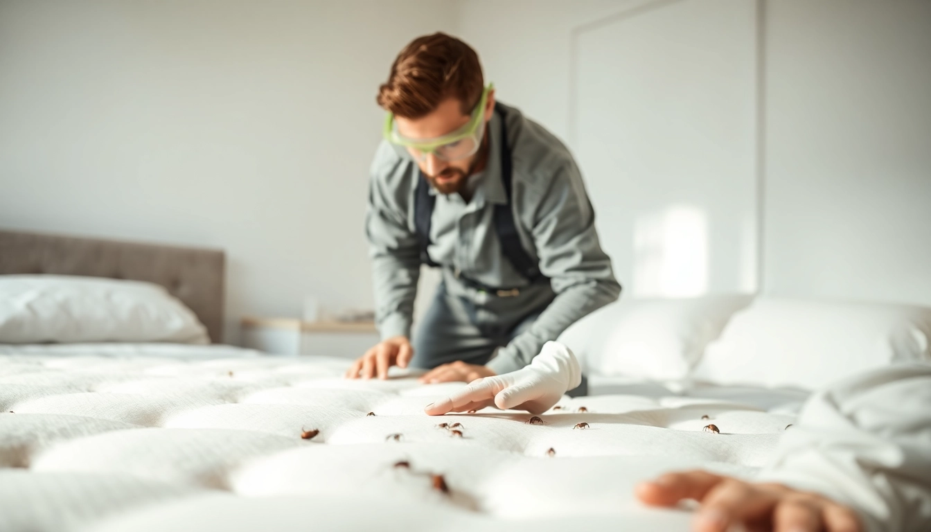 Assessing bed bug exterminator cost with a pest control professional examining a mattress.
