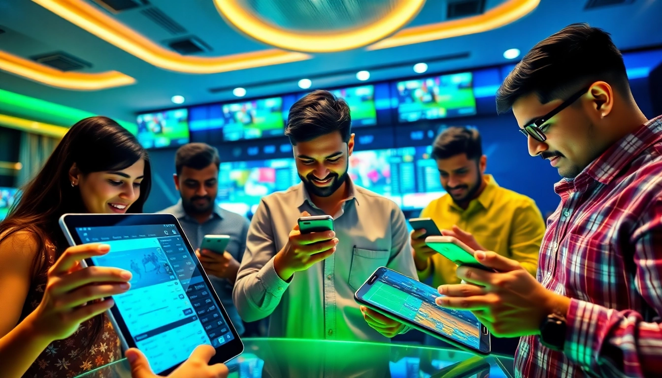 Engaging in best sports betting sites India with diverse individuals in a modern betting lounge.