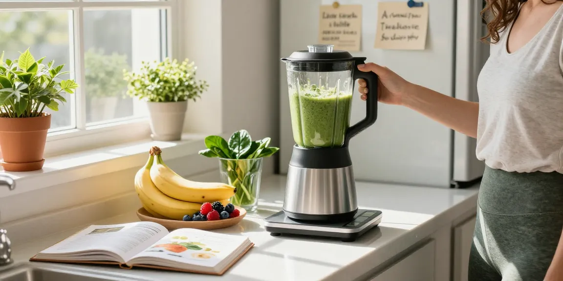 Preparing a healthy smoothie in a bright kitchen, promoting the best weight loss app.