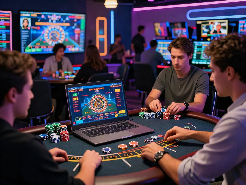 Situs casino gaming scene showcasing vibrant players enjoying live dealer games online, complete with interactive digital interfaces.