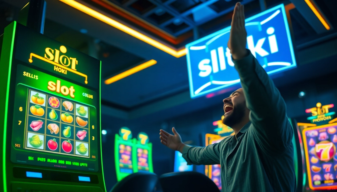 An engaging slot hoki gaming experience featuring vibrant colors and a joyful player celebrating a win.
