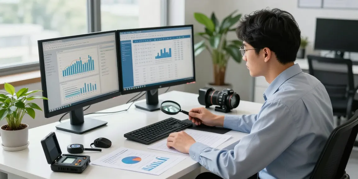 Seorang auditor forensik di aafikotasurabaya.org menganalisis laporan keuangan di kantor modern.