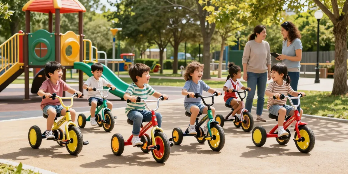 Children riding the best kids tricycles in a lively park setting, showcasing joy and adventure.