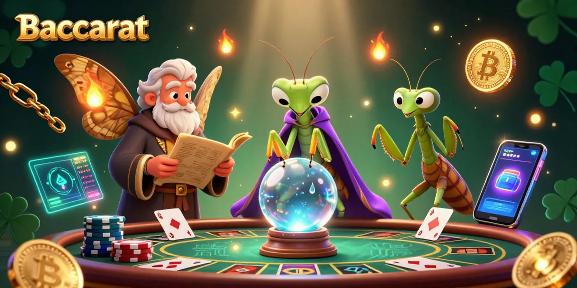 Baccarat table immersive scene with 3D fortune teller and glowing crypto coins.