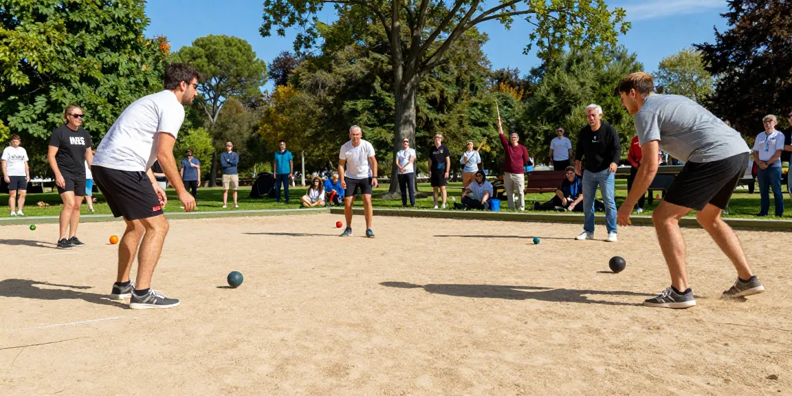 Pertandingan petanque di fopikotatarakan.org di taman yang cerah dengan pemain bersemangat.