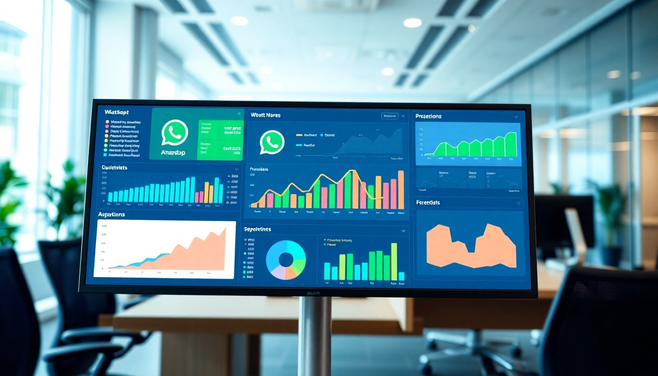 Engaging digital dashboard showcasing WhatsApp Smart CRM insights and analytics in a modern office setting.