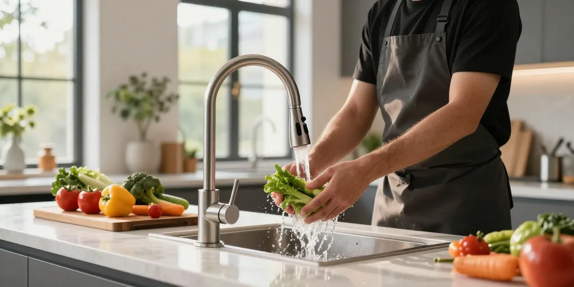 Kitchen faucets in a modern kitchen with fresh vegetables being rinsed under a stylish pull-down faucet.