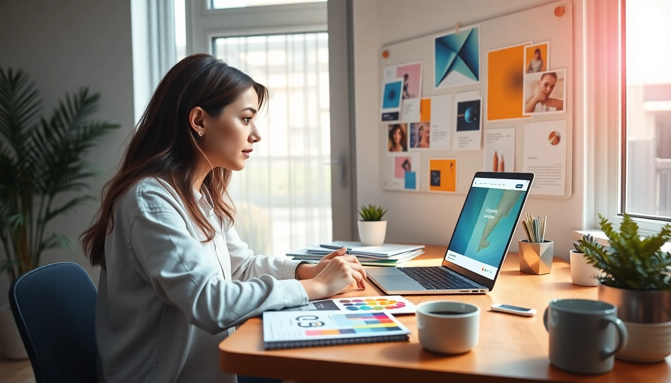 Image to prompt ai showcasing a graphic designer using an AI tool in a colorful workspace