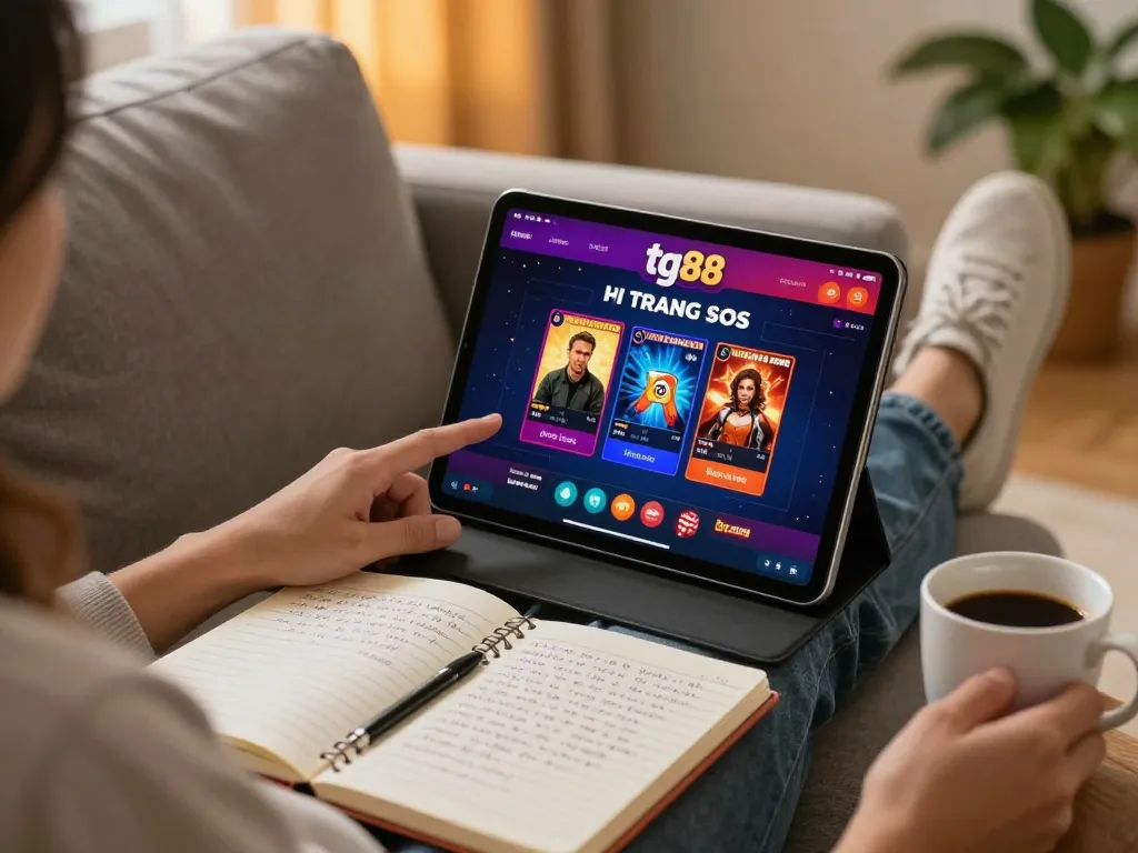 Engaging with tg88 trang chủ through a tablet in a cozy home setting, showcasing online gambling strategy.