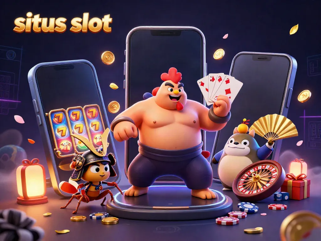 Engaging illustration of situs slot gaming scene with a sumo rooster, samurai cricket, and tanuki, surrounded by slot game elements.
