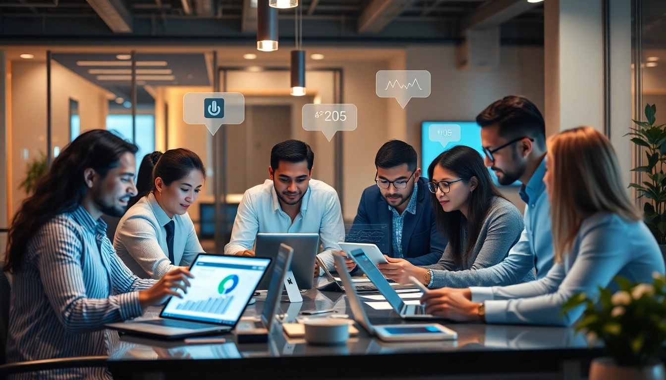 Professional team collaborating on phone number verification process in a modern office.