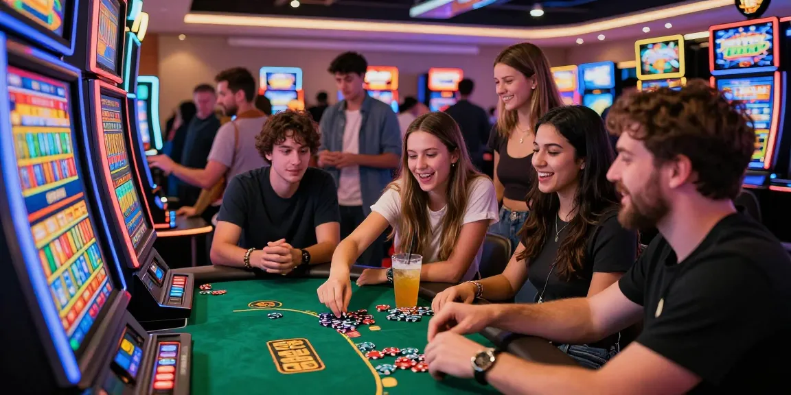 Friends enjoying a slot bonus experience at a vibrant casino with colorful lighting and excitement.