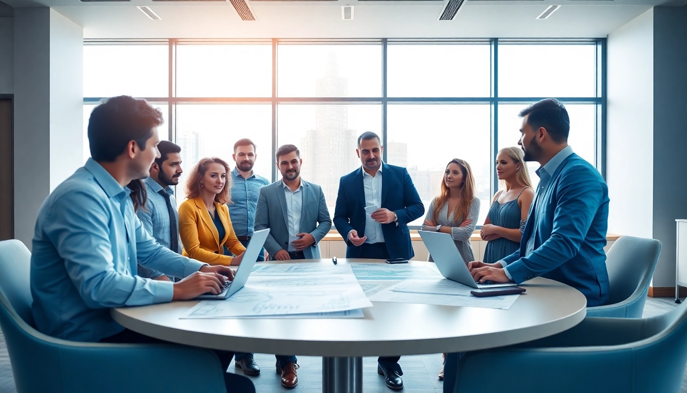 Construction membership association professionals collaborating in a modern conference room.