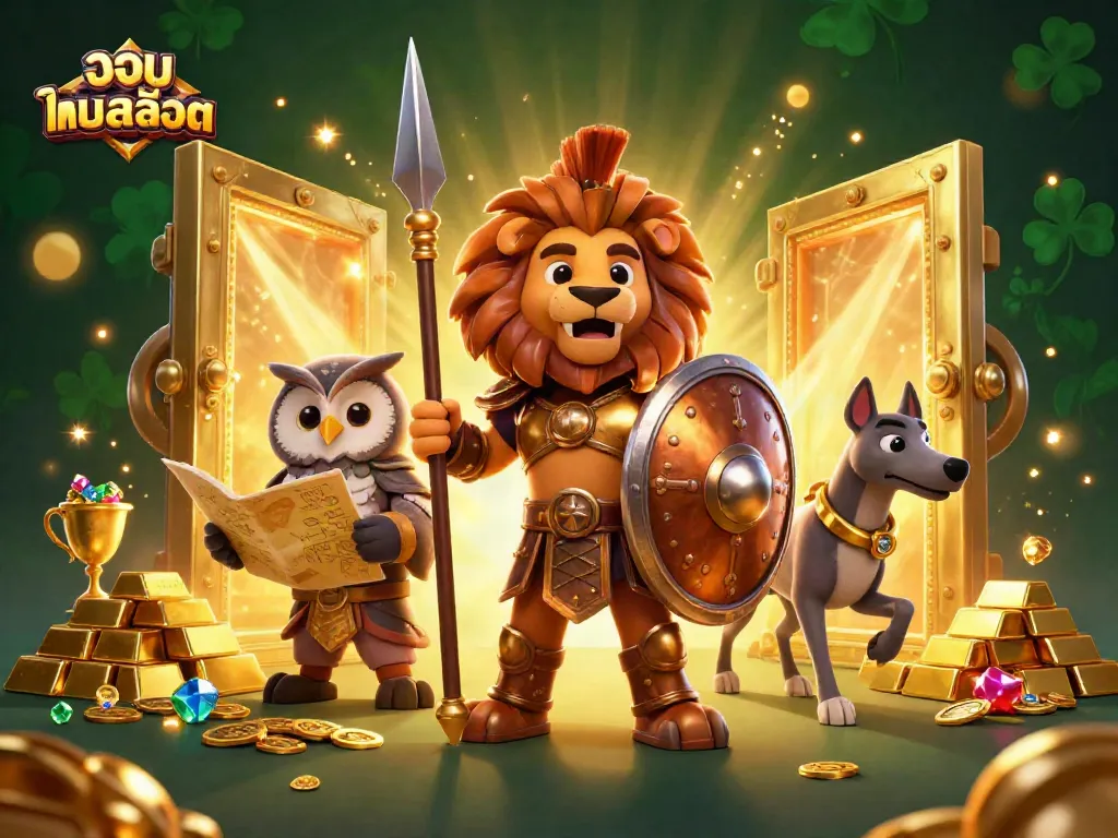 Experience the excitement of รวมเกมสล็อต in a vibrant 3D casino scene filled with treasures and dynamic characters.