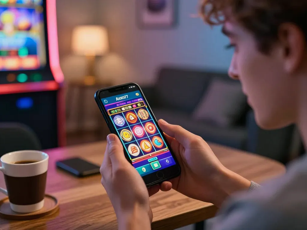 Experience online thrills with Alexis77 as a player spins the slots on a mobile app.