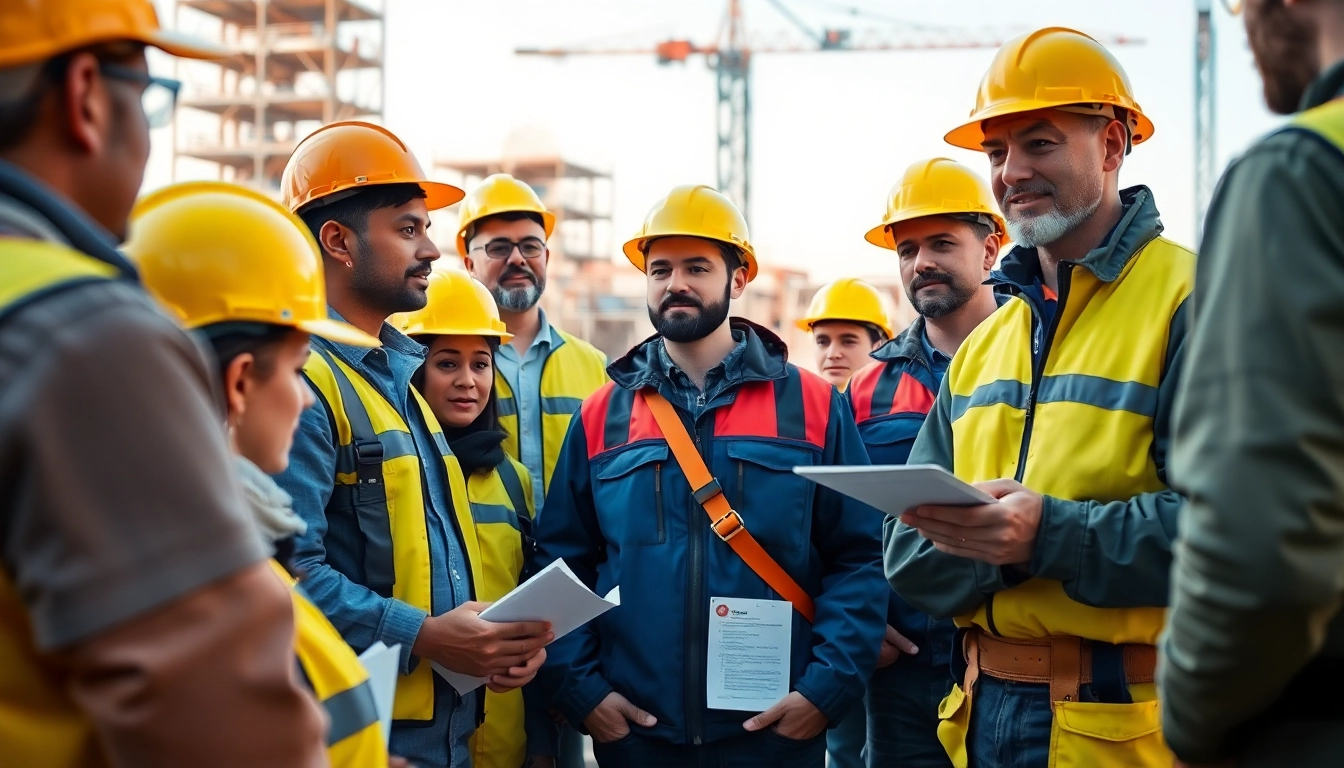 Construction site safety training in a professional setting with engaged workers and training materials.