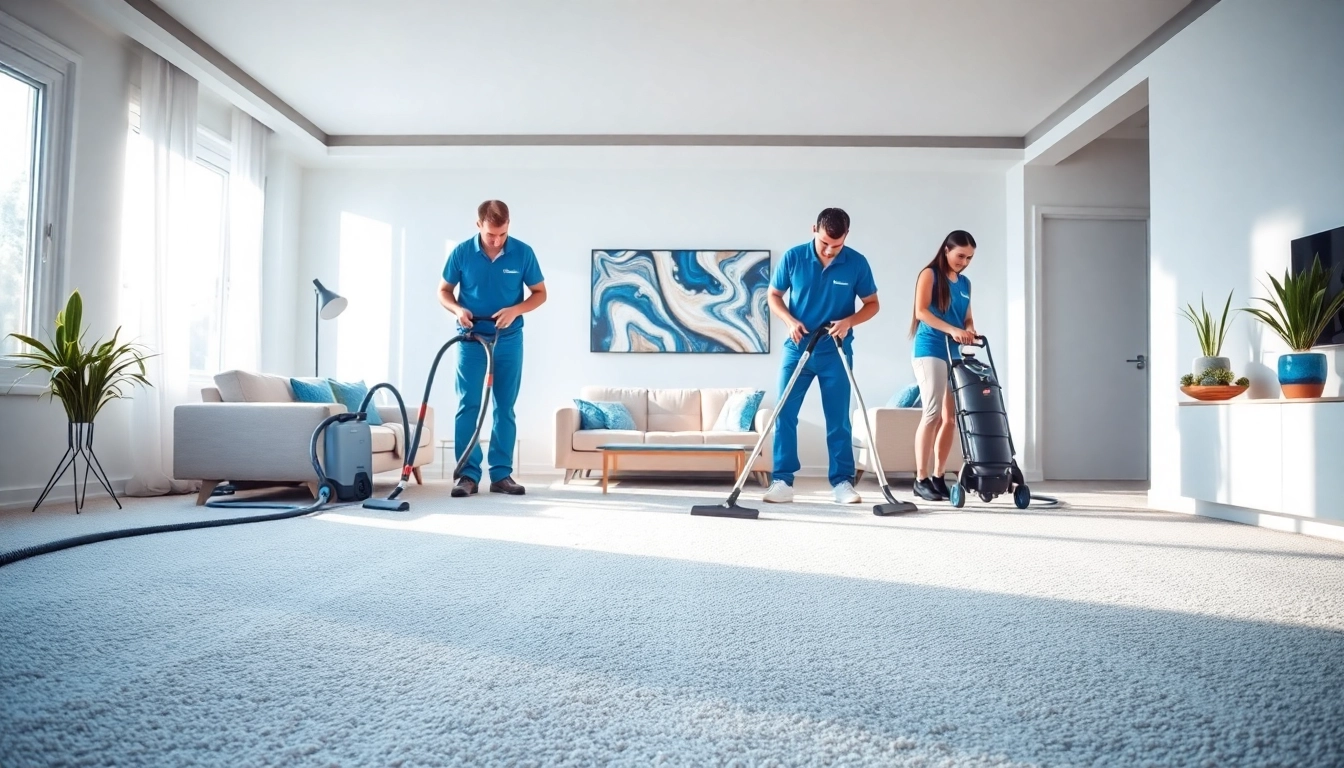 Carpet cleaning business team demonstrating their skills in a bright, clean living room.