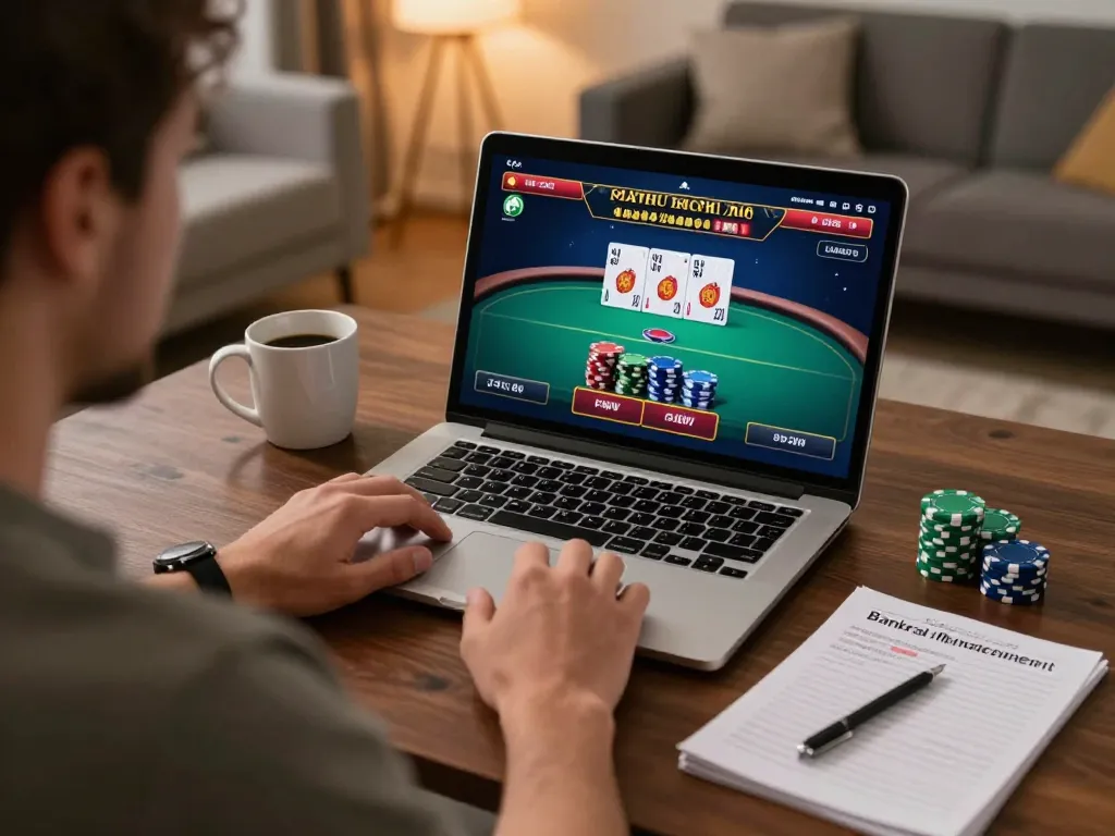 Engaging in live dealer poker at https://n188.build/ showcasing responsible gambling practices and a cozy home setting.