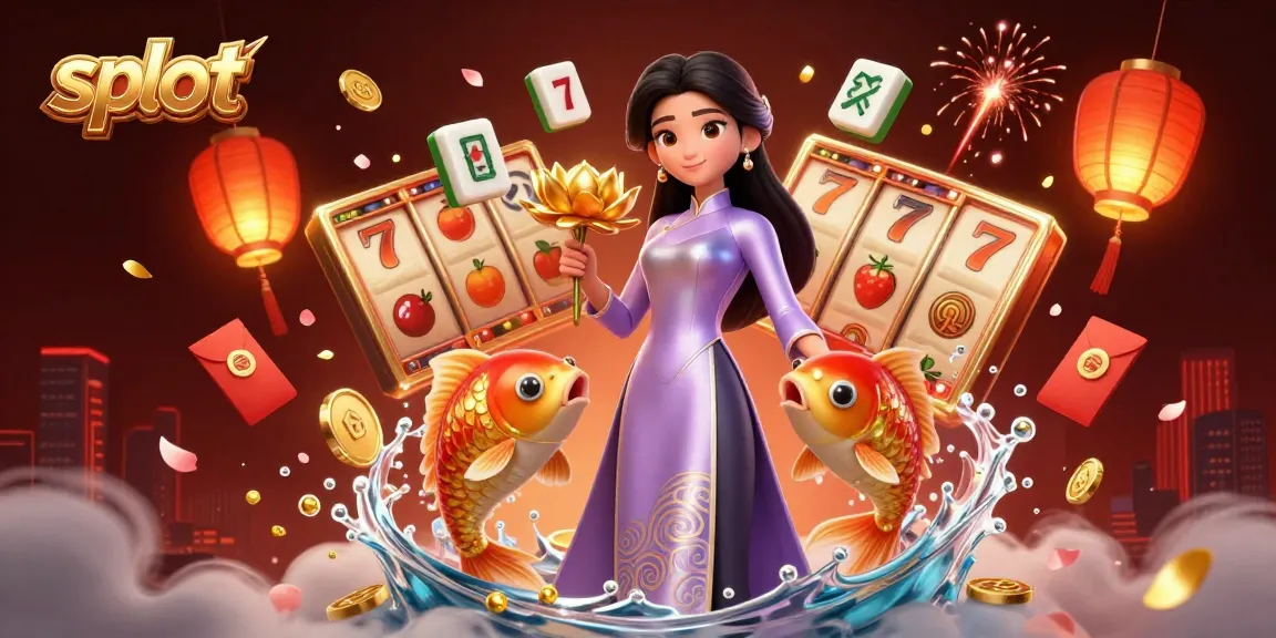 Spin the slots in a vibrant 3D illustration featuring a woman amidst festive casino elements.