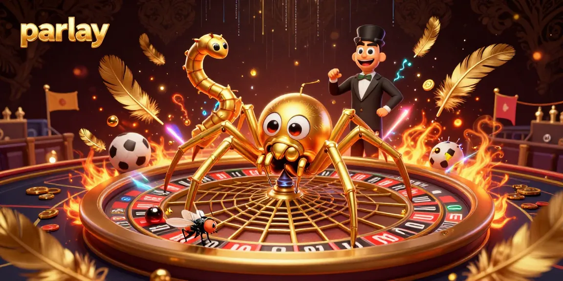 Engage in parlay betting with a golden spider and centipede croupier in a dynamic 3D illustration.
