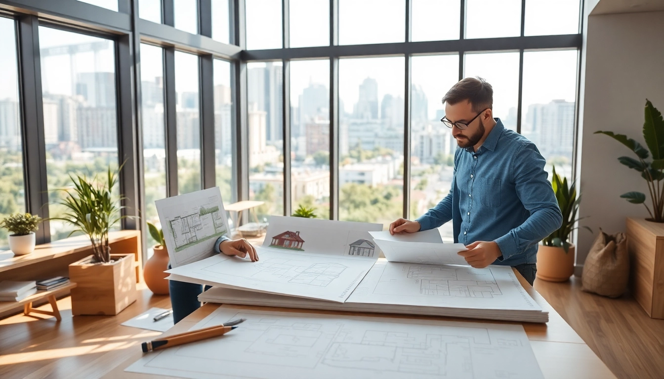 Residential architect discussing innovative design ideas in a bright workspace.
