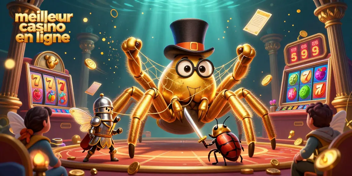 Explorez le meilleur casino en ligne avec des personnages animés jouant autour de machines à sous et d'éléments de casino.