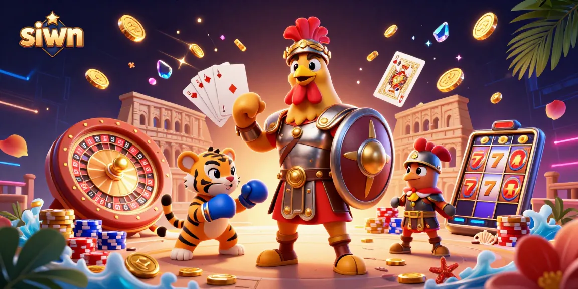 Experience siwn's thrilling casino action with vibrant characters, gold coins, and spinning roulette wheels.