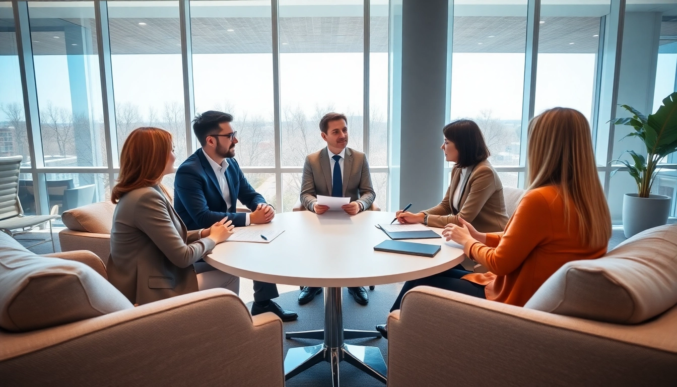 Mediation session with mediator facilitating discussions in a bright conference room.