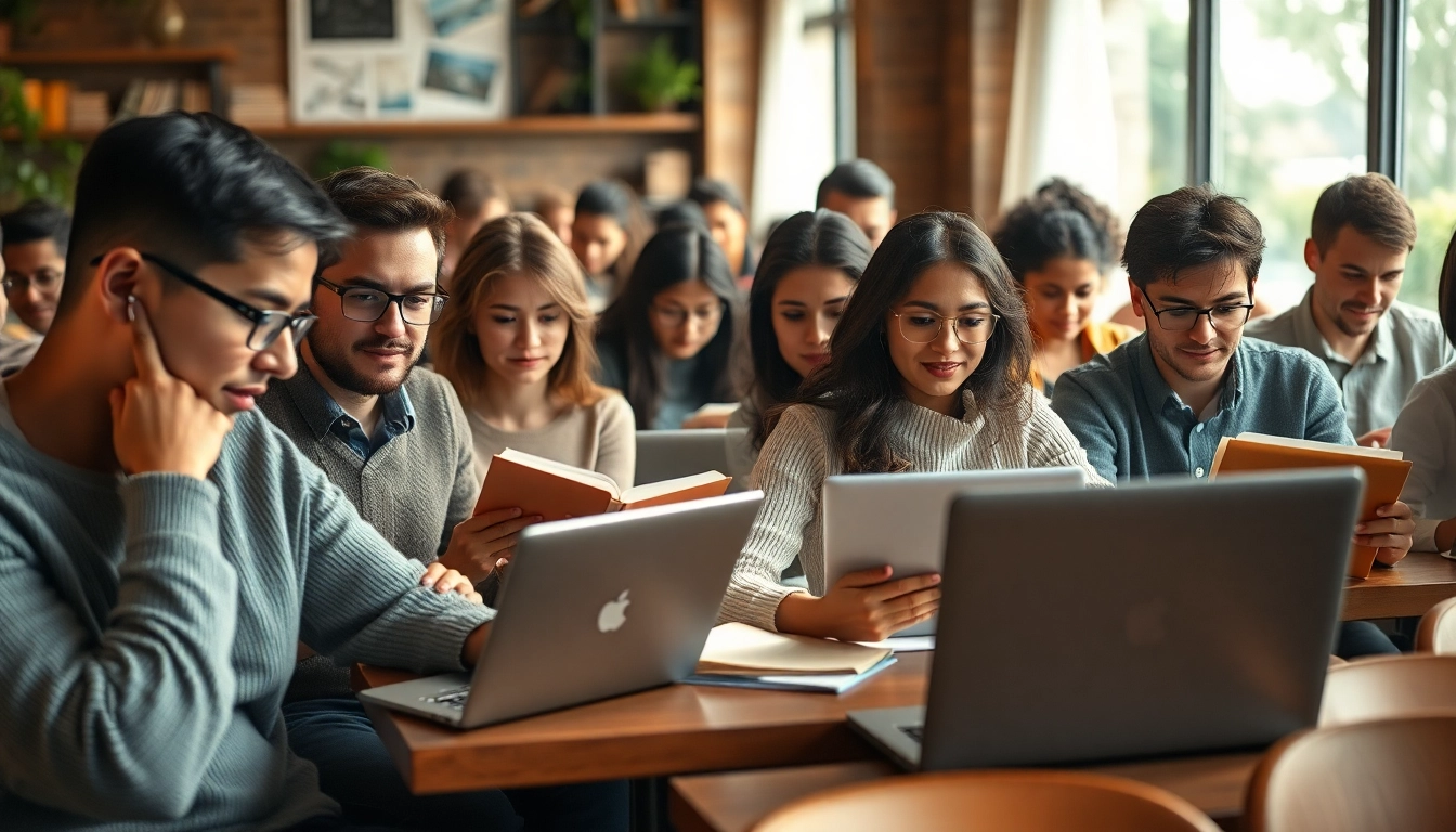 Engaged TOEFL test takers for hire studying together in a cozy cafe.