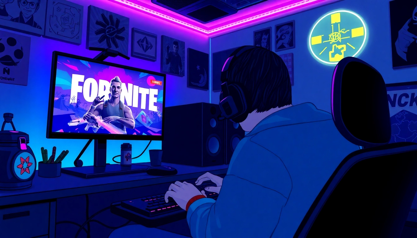 Engage with the Best Fortnite script as a gamer strategizes gameplay in a vibrant, neon-lit room.