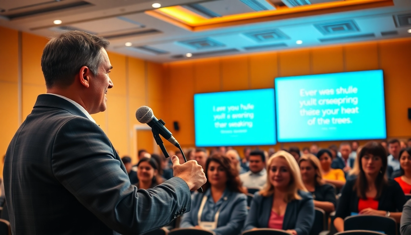 Overcoming Fear of Public Speaking highlighted by a confident speaker engaging an attentive audience in a bright setting.