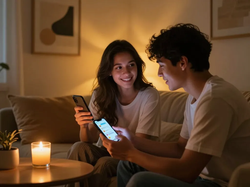 Engaging in ai sex chat on smartphones in a cozy living room