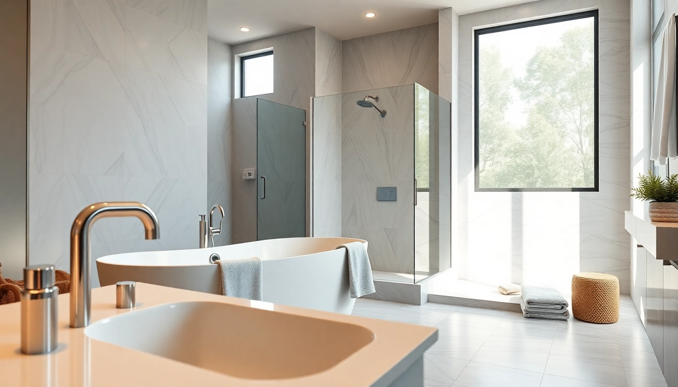 Engaging bathroom renovations near me, featuring a stylish freestanding tub and elegant fixtures.