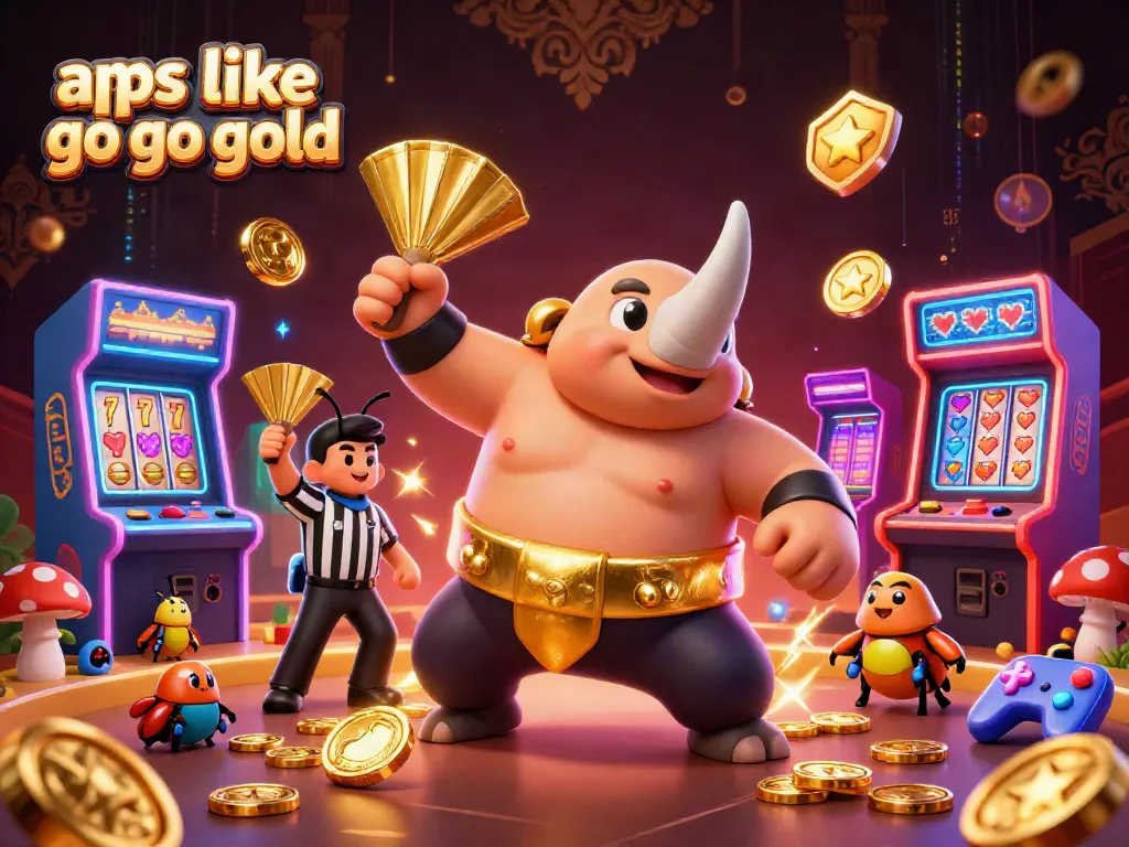 Engage with apps like Go Go Gold in this vibrant 3D casino scene filled with slot reels and golden coins.