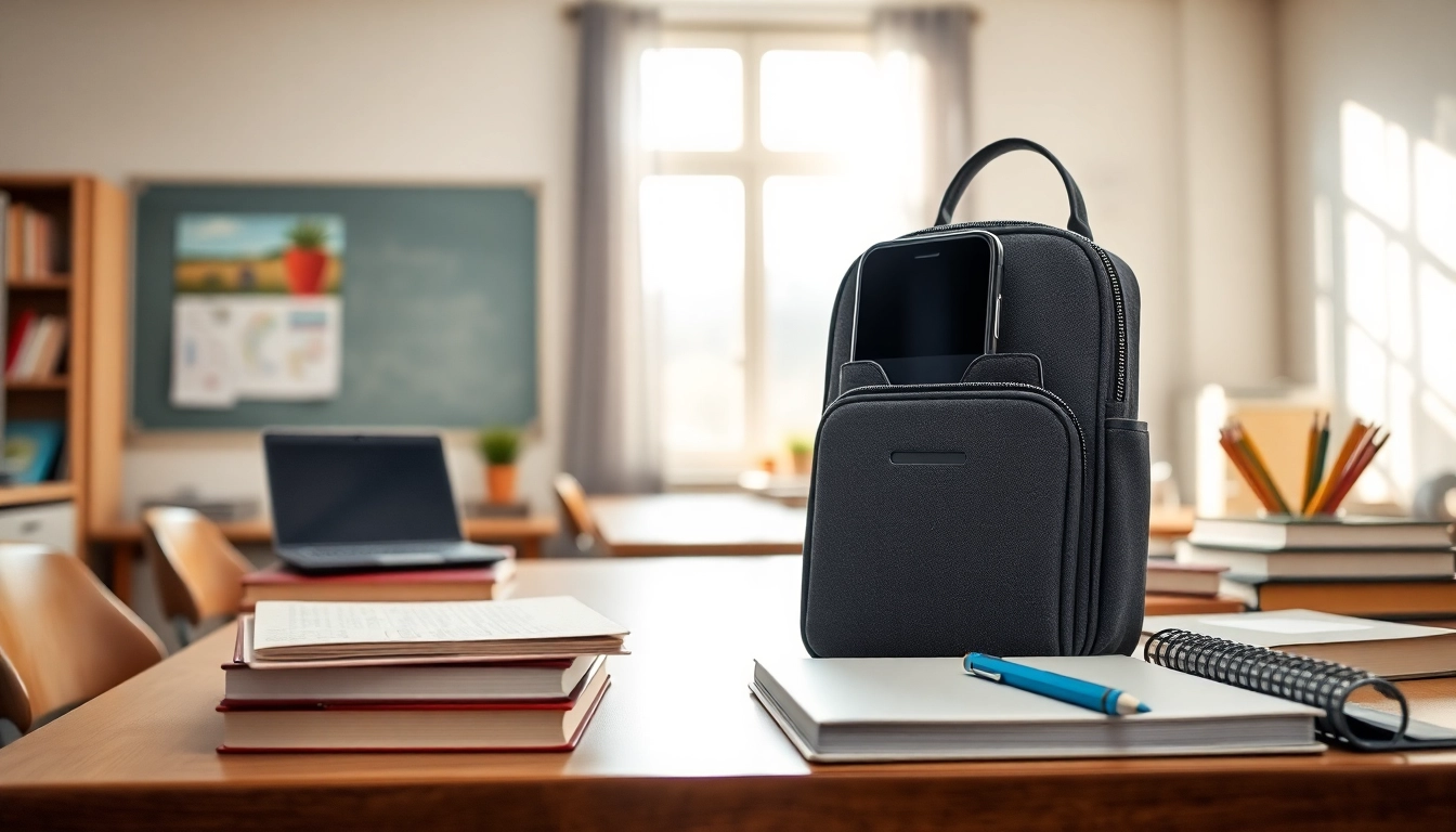 Handytasche Lehrer auf einem Schreibtisch, umgeben von Lehrmaterialien in einem Klassenzimmer.