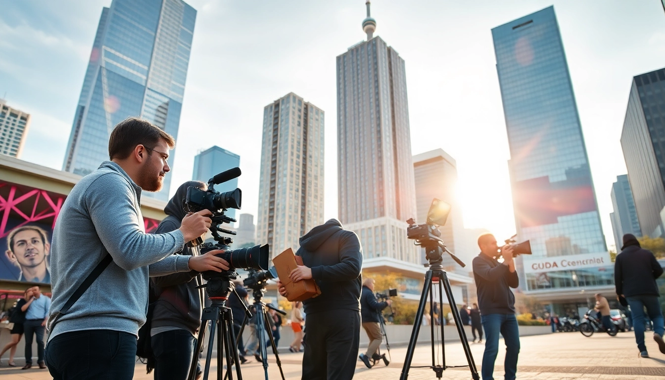 Professional videographers in Toronto filming a vibrant downtown scene bustling with energy.