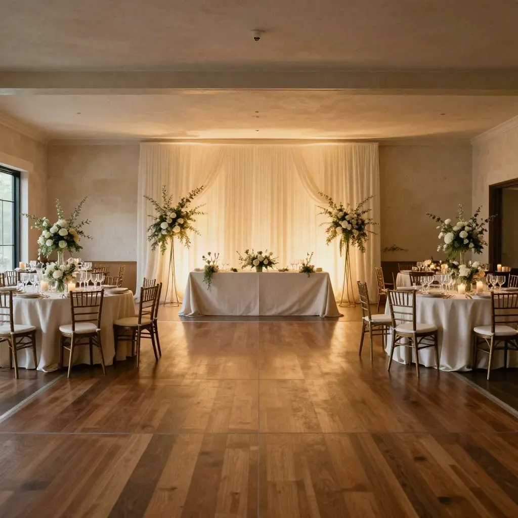 Elegant Chico wedding reception room with dance floor, floral tables, and lit head table