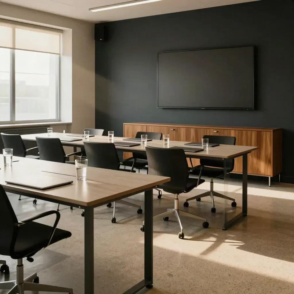 Silent boardroom with modular tables, water glasses, closed laptops and a dark AV wall at golden hour