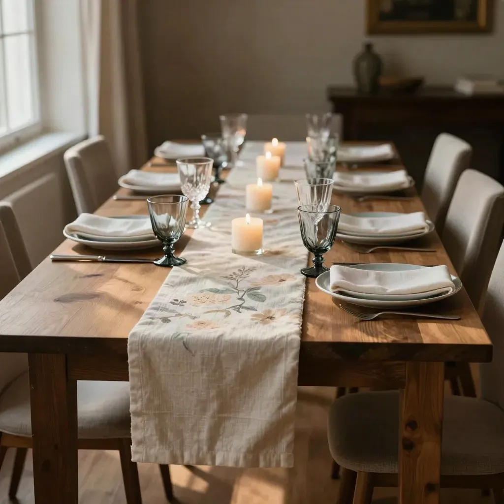 Long dinner table with stoneware, ivory linens, candles and florals in warm window light.