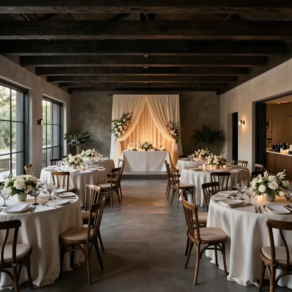 Grand wedding dinner room with round tables, florals, and a glowing head table.