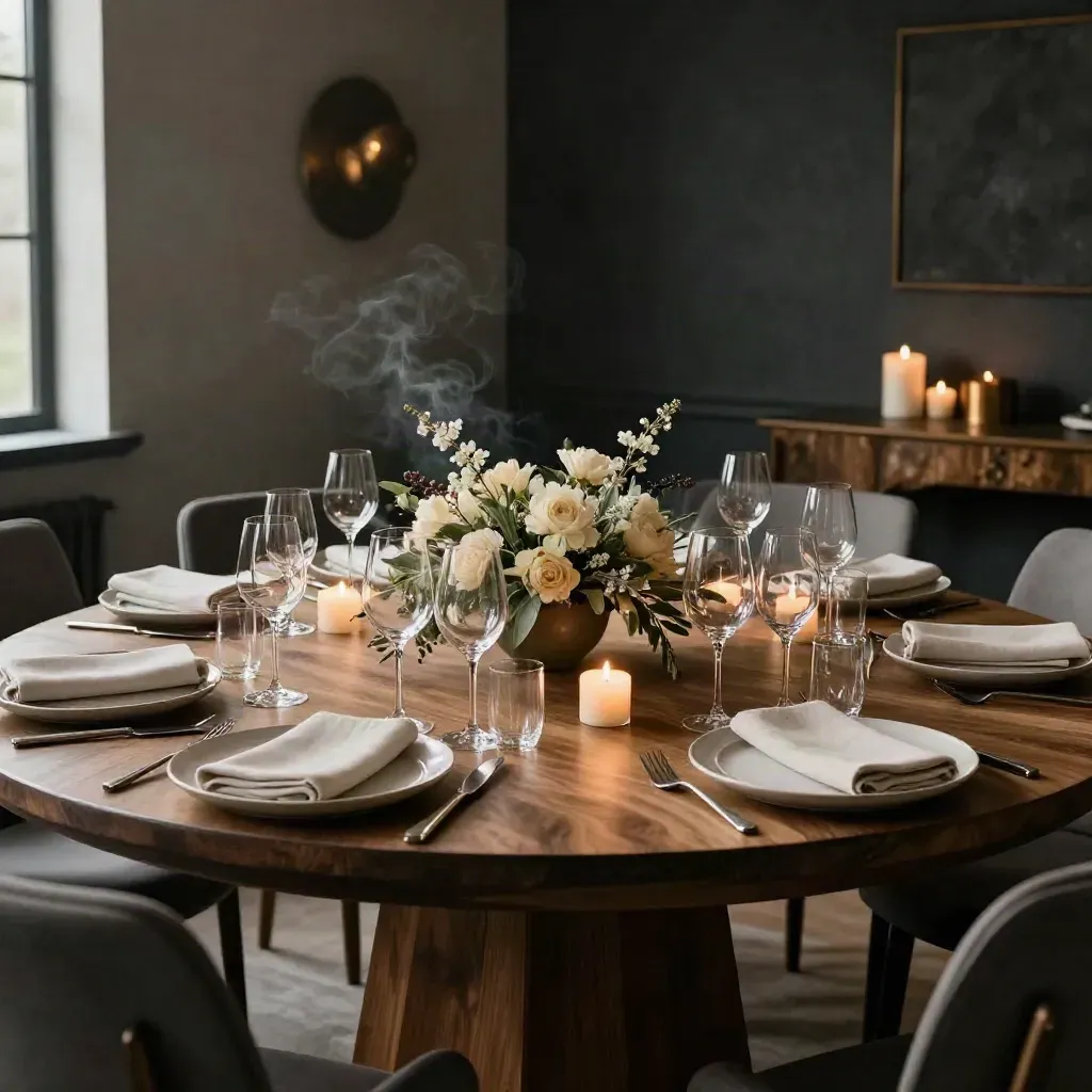 Elegant candlelit dinner table for eight in a quiet private dining room