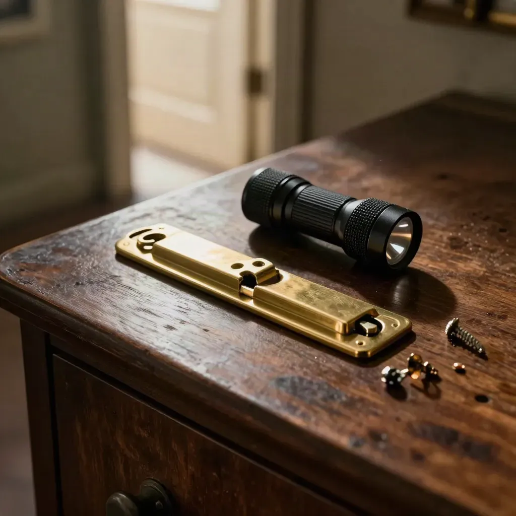 Brass master key and venue hardware beside a flashlight on dark wood.