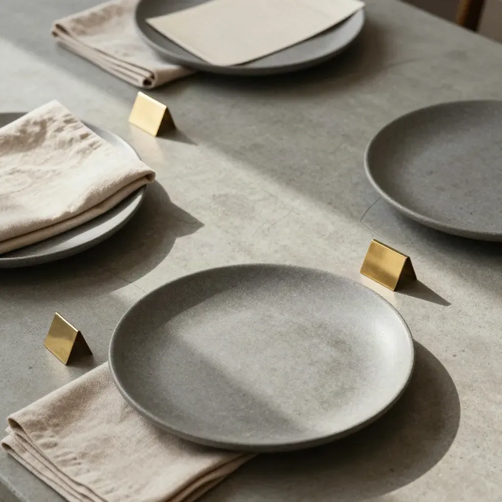 Overhead flatlay of charger plates, linen swatches, and brass table markers on concrete.