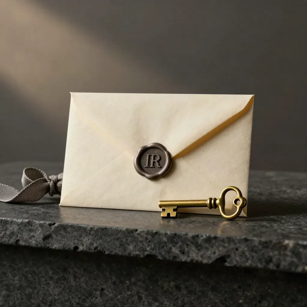 Wax-sealed envelope, brass key, and ribbon bundle on dark stone under soft side light.