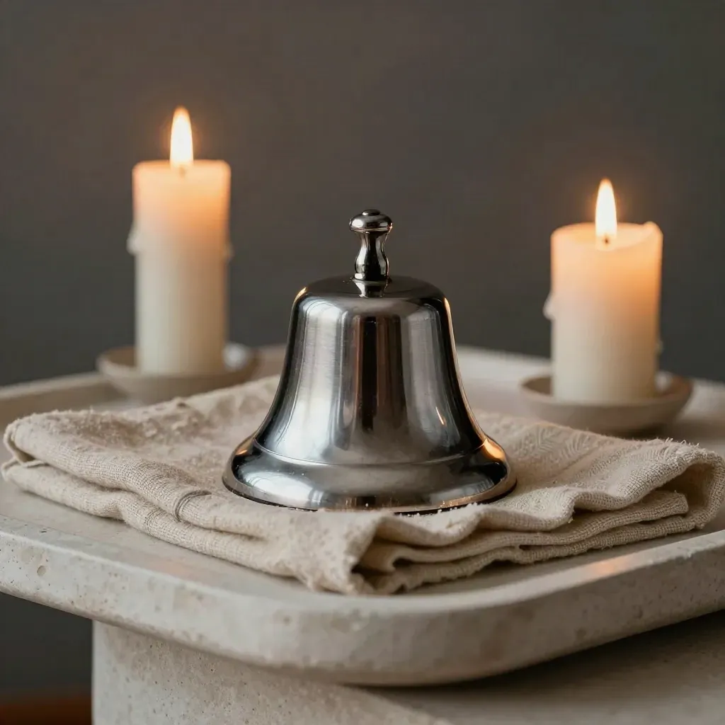 Service bell, lit taper candles, and folded linen on a pale stone venue entry tray.